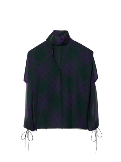 Burberry Check Silk Chiffon Blouse In Royal Pattern