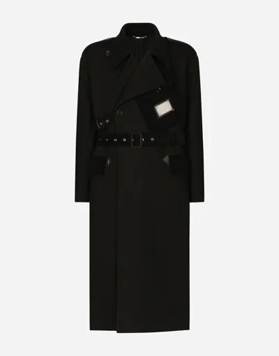 Dolce & Gabbana Double-breasted Baize Trench Coat With Logo Label In Black