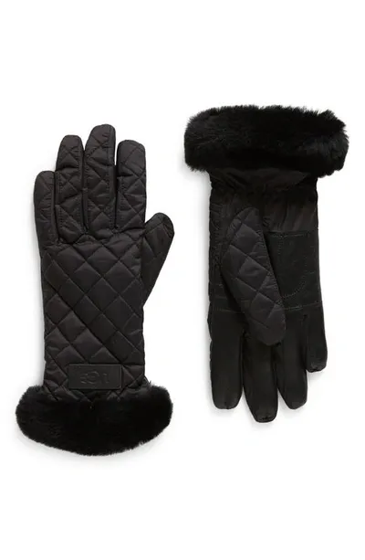 Ugg Faux Fur Trim Quilted Gloves In Black