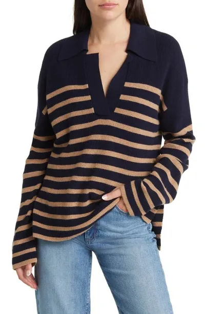 Rails Harris Striped Collared Sweater In Camel Navy Stripe