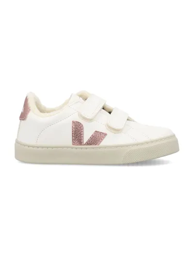 Veja Kids' Esplar Chrome-free Leather Strap Sneaker In White,gold