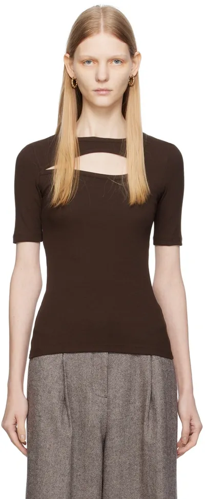 Remain Birger Christensen Brown Cutout T-shirt In 19-0915 Coffee Bean