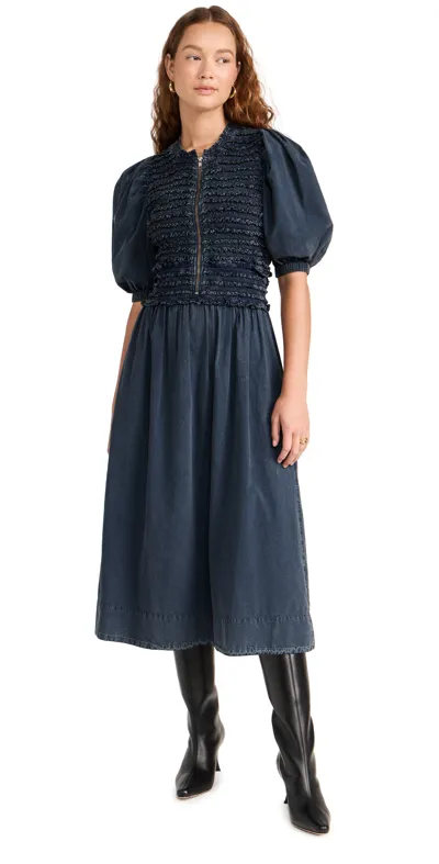 Sea Tilde Cotton Puff Sleeve Zip Front Dress In Blue