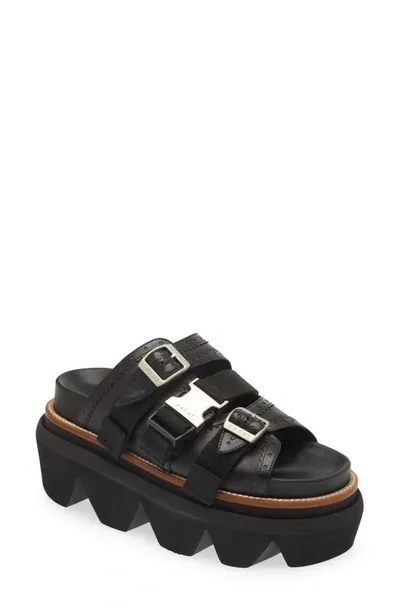 Sacai Buckled Leather Platform Sandals In Black