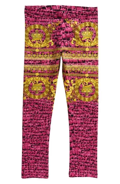 Versace Kids' Baroccodile Cotton-blend Jersey Leggings In Water Lily Black Gold