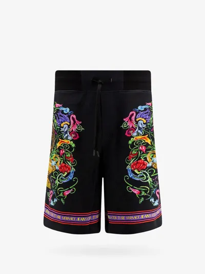 Versace Jeans Couture Floral-print Drawstring Shorts In Black Gold