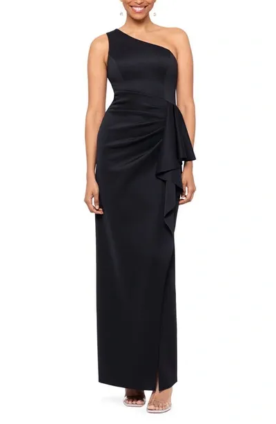 Xscape Women's One-shoulder Ruffled Long Fit & Flare Dress In Black