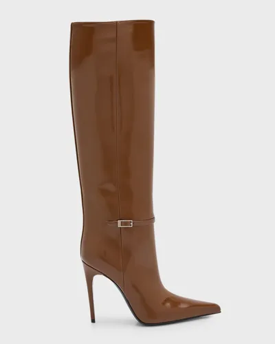 Saint Laurent Vendome Leather Buckle Stiletto Knee Boots In Soil Brown