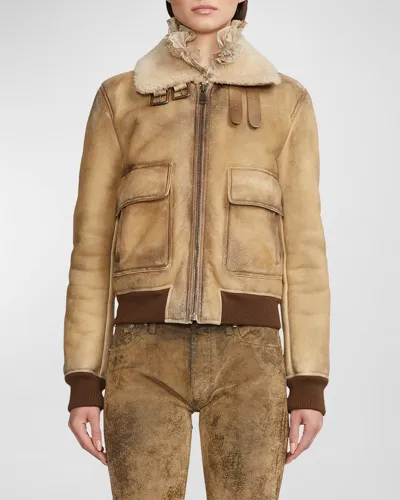 Ralph Lauren Ilyssa Merino Shearling Moto Jacket In Burnished Beige