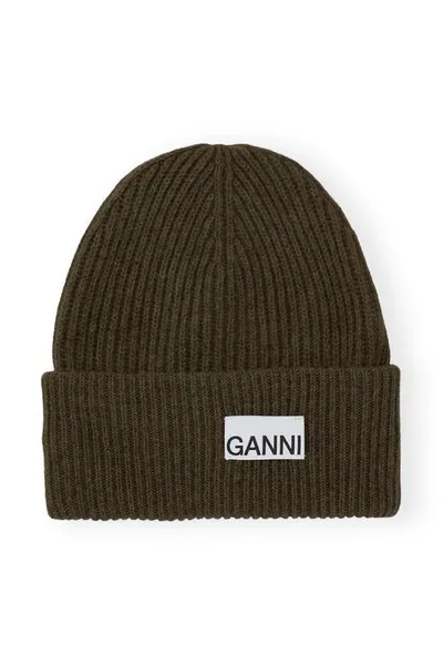 Ganni Fitted Wool Rib Knit Beanie In Kalamata