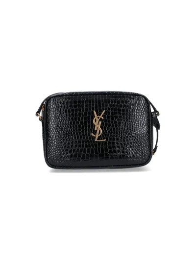 Saint Laurent Lou Patent Croc-embossed Crossbody Bag In Black