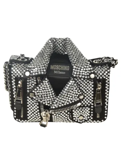 Moschino Biker Shoulder Bag With Crystals In Black