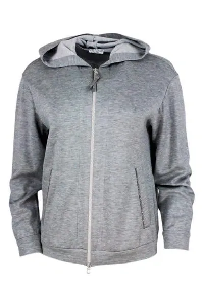 Brunello Cucinelli Cotton And Silk Sweatshirt With Hood And Monili On The Zip Puller And Pockets In Dark Grey