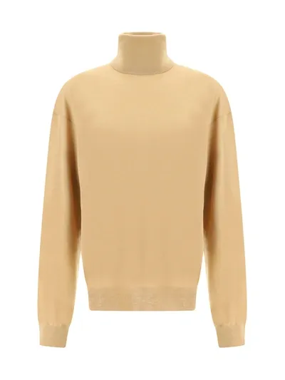 Saint Laurent Fine-knit Slouchy Rollneck Sweater In Beige