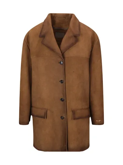 Prada Single-breasted Suede Coat In Brown