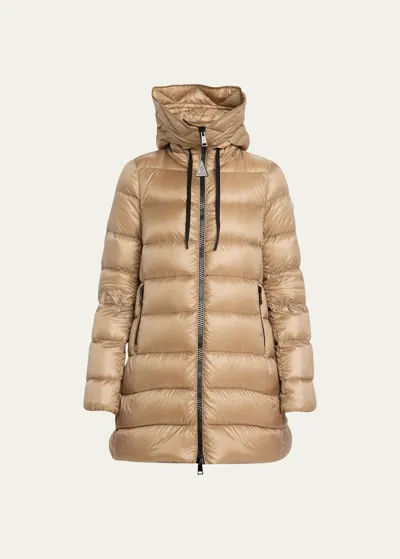 Moncler Suyen Hooded Long Down Parka In Neutral