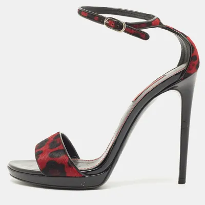 Pre-owned Dolce & Gabbana Black/red Leopard Print Calf Hair Ankle Strap Sandals Size 40