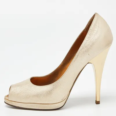 Pre-owned Roberto Cavalli Metallic Gold Leather Peep Toe Pumps Size 37