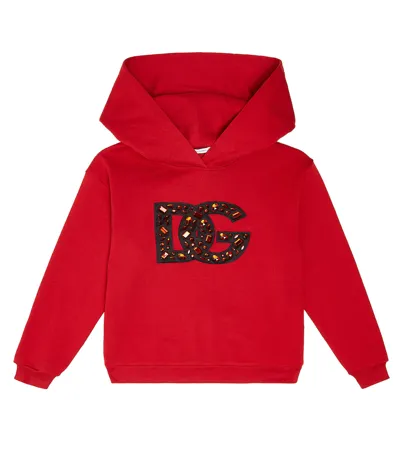 Dolce & Gabbana Kids' Girl's Rhinestone Embellished Interlocked Logo-print Hoodie In Red