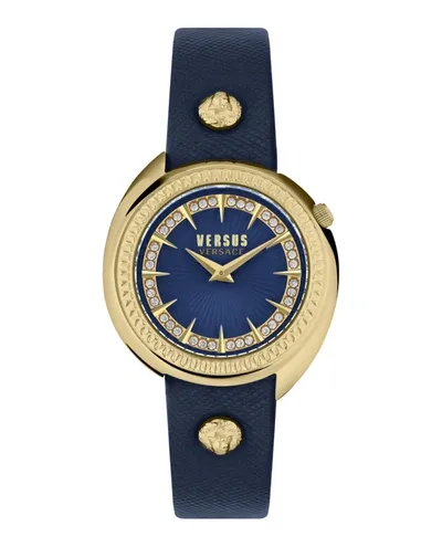 Versus Women's Tortona Crystal 2 Hand Quartz Blue Genuine Leather Watch, 38mm In Ion Plating Yellow Gold