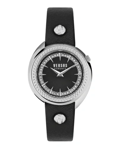 Versus Women's Tortona Crystal 2 Hand Quartz Black Genuine Leather Watch, 38mm In Stainless Steel