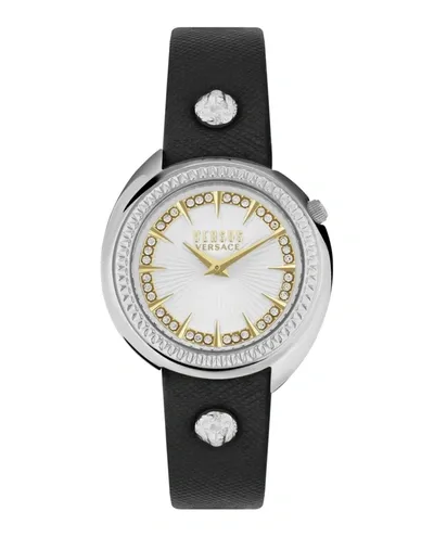 Versus Women's Tortona Crystal 2 Hand Quartz Black Genuine Leather Watch, 38mm In Stainless Steel