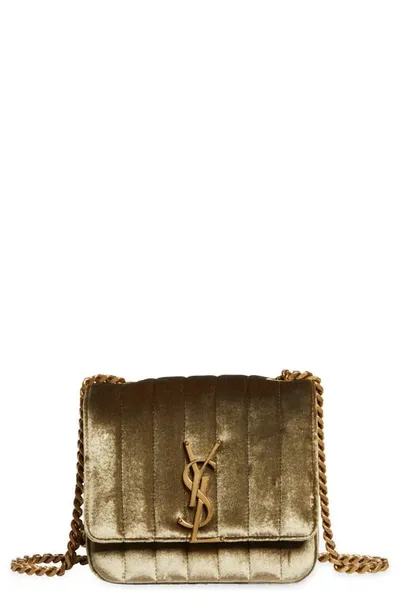 Saint Laurent Vicky Small Quilted Velour Chain Shoulder Bag In Green