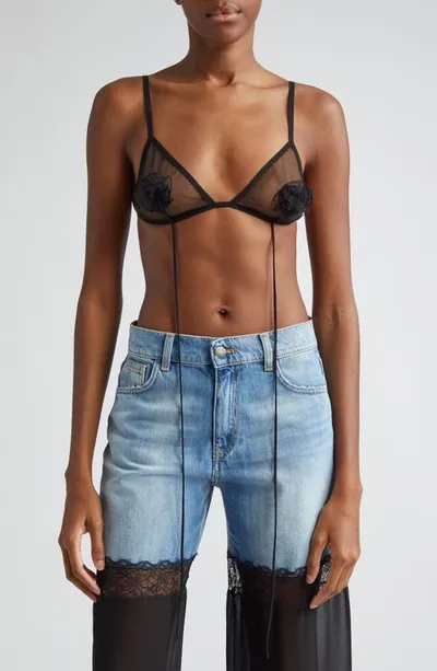 Nensi Dojaka Embellished Flower Tulle Triangle Bra In Black