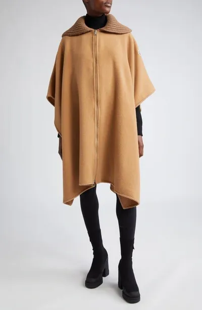 Moncler Wool Long Cape With Knit Collar In Brown