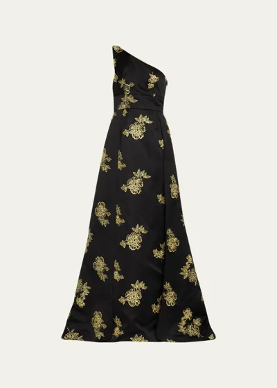 Marchesa Notte Floral-embroidered One-shoulder Gown In Yellow