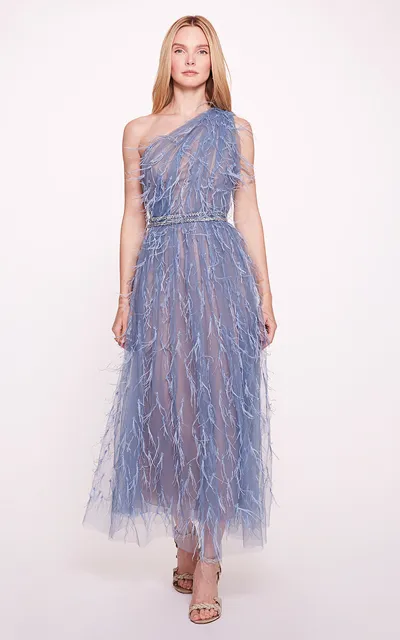 Marchesa Feather-embroidered One-shoulder Midi Dress In Multi