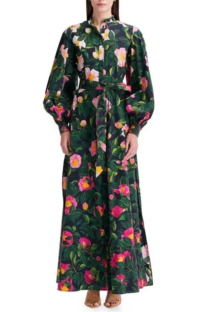 Oscar De La Renta Camellias Stretch-cotton Caftan In Pink Navy