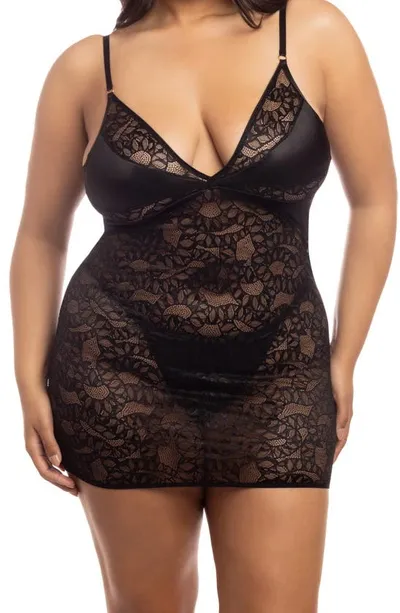 Oh La La Cheri Amaya Lace Chemise & G-string In Black