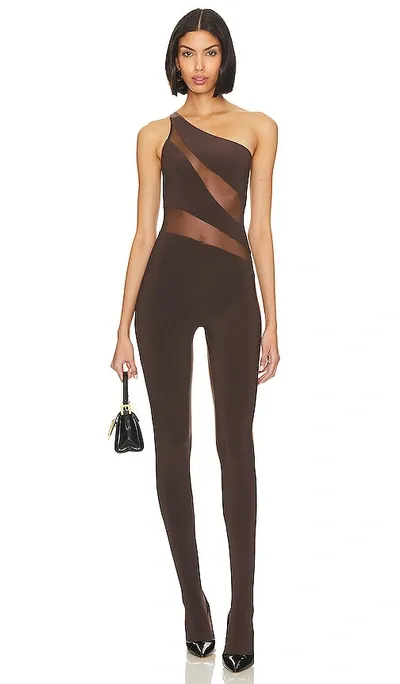 Norma Kamali Snake One-shoulder Mesh-paneled Swimsuit In Chocolate