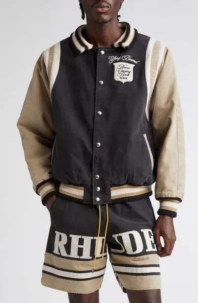 Rhude Varsity Casual Jacket In Black Khaki Elephant