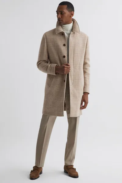 Reiss Oatmeal Bellagio Wool Check Mid Length Coat In Brown