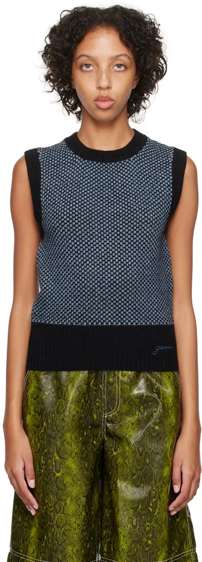 Ganni Blue Jacquard Vest In Black