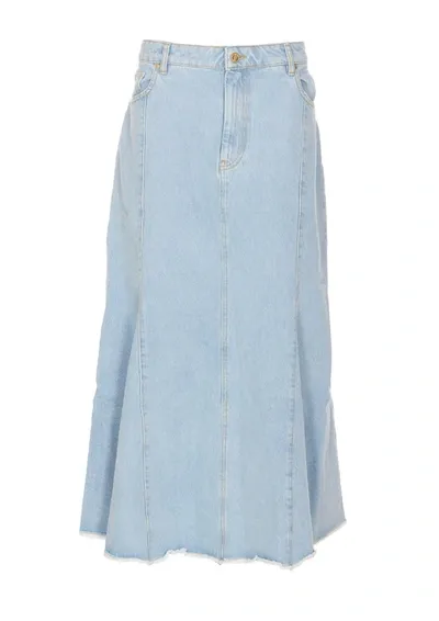 Ganni Bleach Denim Peplum Midi Skirt In Light Blue