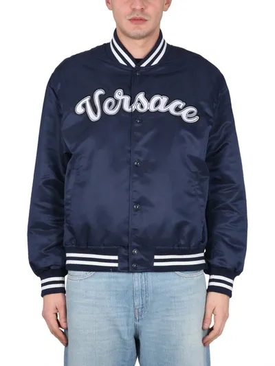 Versace Logo Embroidered Buttoned Jacket In Blue