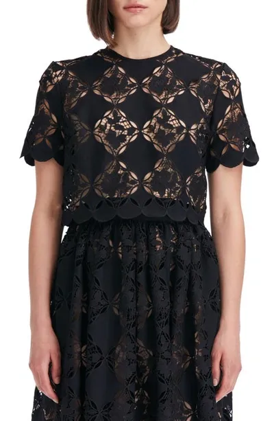 Oscar De La Renta Short Sleeve Jewel Neck Gardenia Guipure Eyelet Blouse In Black