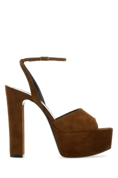 Saint Laurent Jodie 95 Suede Platform Sandals In Land