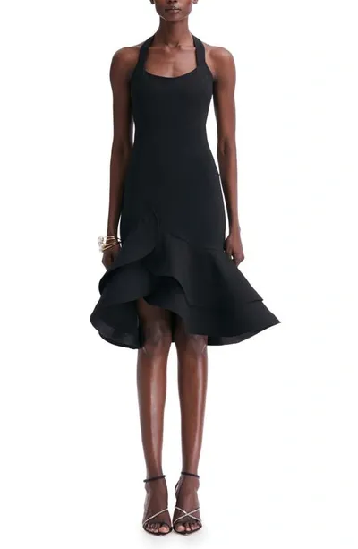 Oscar De La Renta Ruffled Stretch-wool Mini Halter Dress In Black