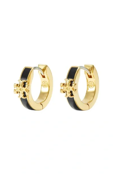 Tory Burch Kira Enamel Huggie Earrings In Tory Gold Black