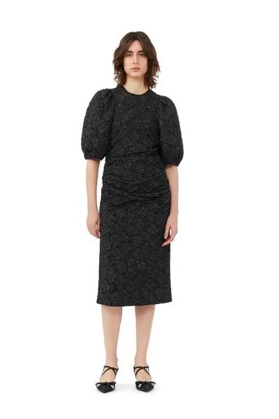 Ganni Short Sleeve Jacquard Puff Sleeves Midi Dress