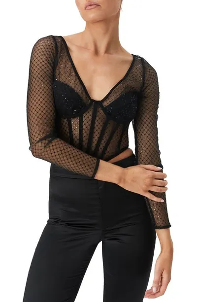 Bardot Sequin Mesh Corset Top In Black