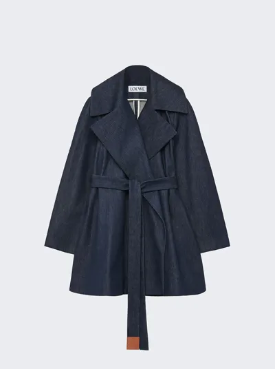 Loewe Trapeze Belted Leather-trimmed Denim Trench Coat In Raw Denim Blue