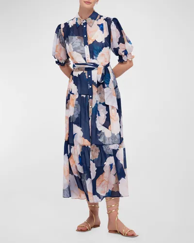 Leo Lin Ellie Tiered Floral-print Midi Shirtdress In Rosebud Print Navy