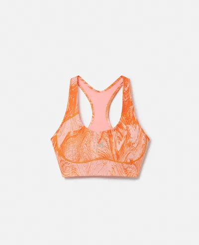 Stella Mccartney Truepurpose Moire Wood Print Medium Support Sports Bra In Light Flash Red/unity Orange