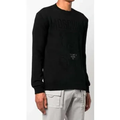 Moschino Teddy Cotton Knit Crewneck Sweater In Black