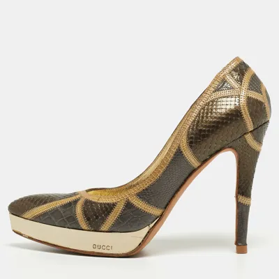 Pre-owned Gucci Tricolor Python Crocodile And Lizard Platform Pumps Size 36.5 In Grey